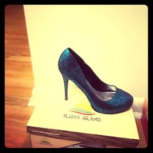 Blue faux snake skin heels